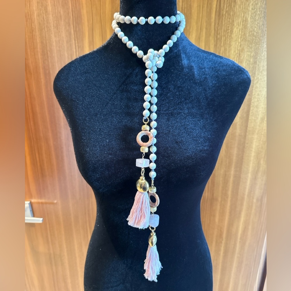 Handmade Long Boho Necklace with Natural Stones & Tassel